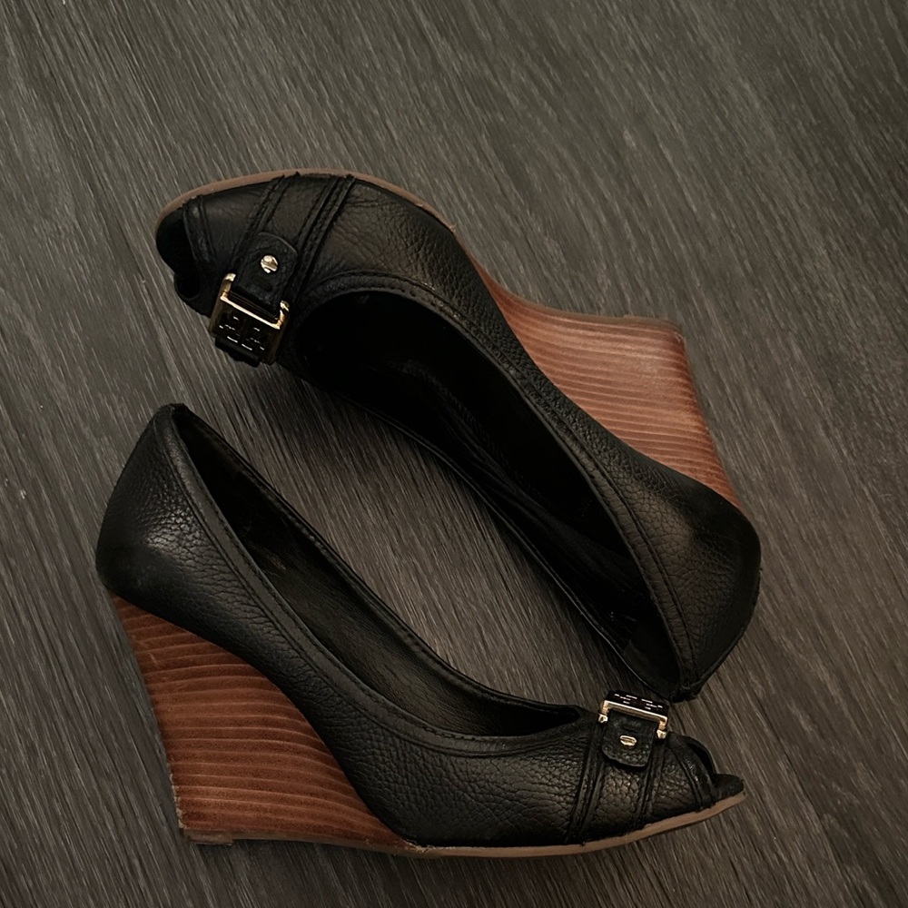 Tory Burch Black and Brown Wedge Peep-Toe Shoes